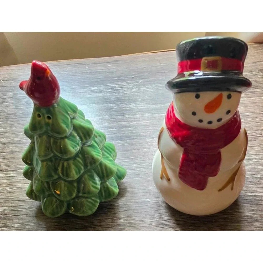 Snowman and Tree salt and pepper shakers.